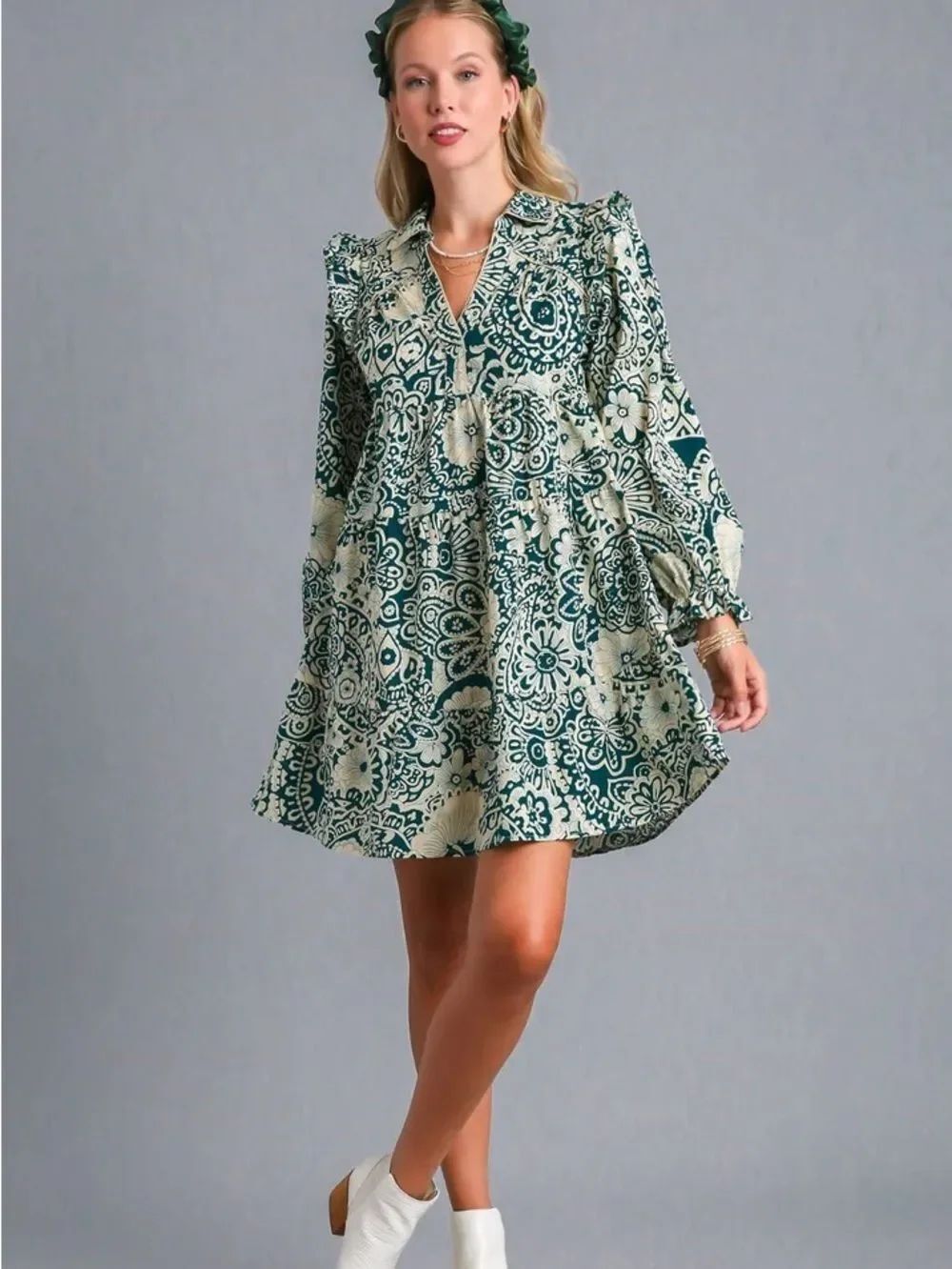 Umgee Peacock Floral Mirage Paisley Tunic Dress in Green and Cream size xl
